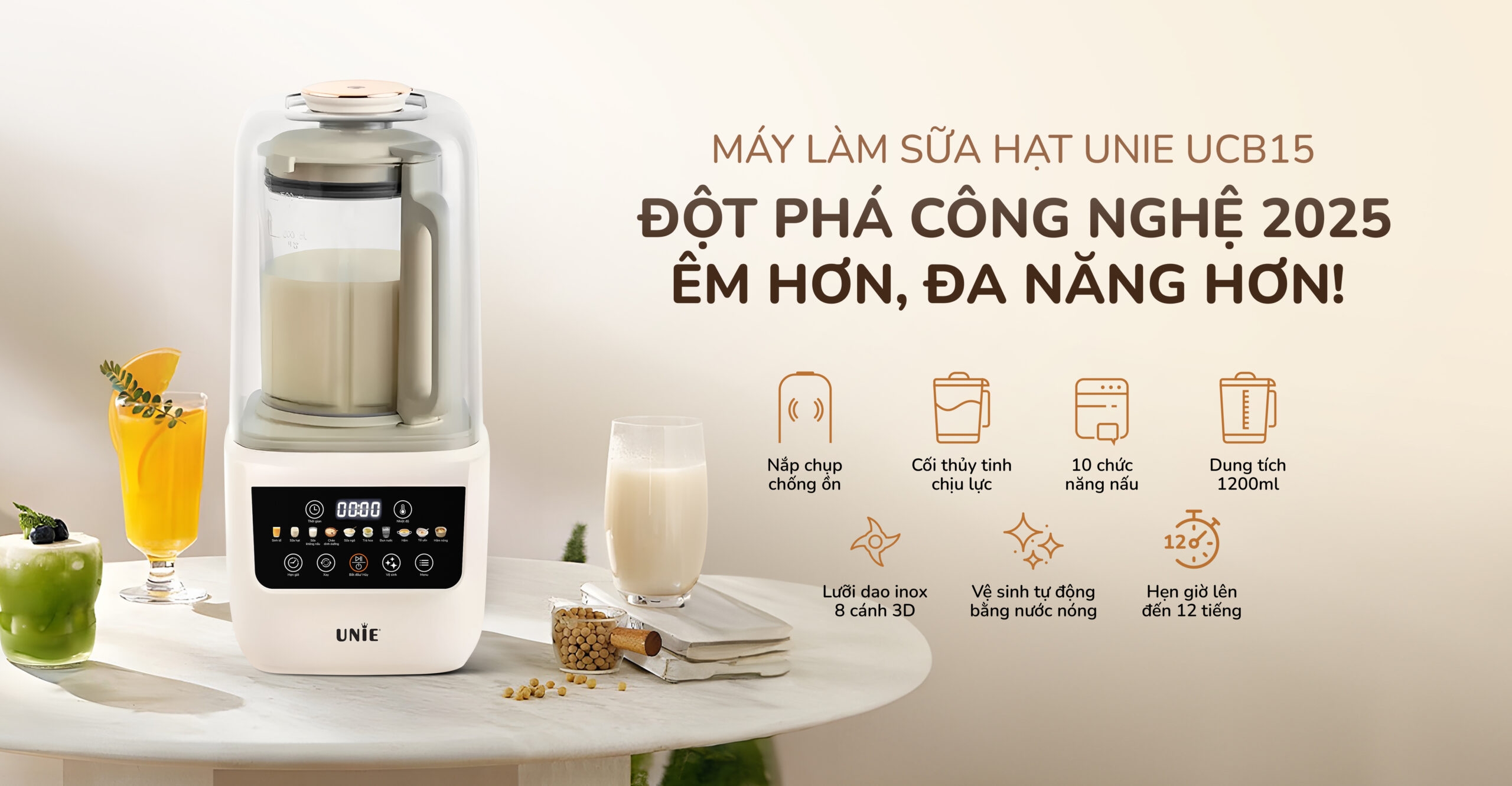 Máy làm sữa hạt UNIE UCB15 – Đột phá công nghệ 2025, êm hơn, đa năng hơn!